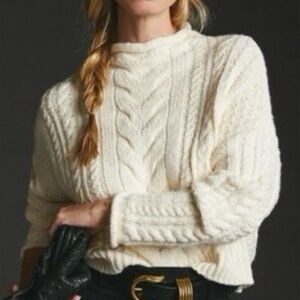 Anthropologie Ivory Cable Knit Turtleneck Sweater